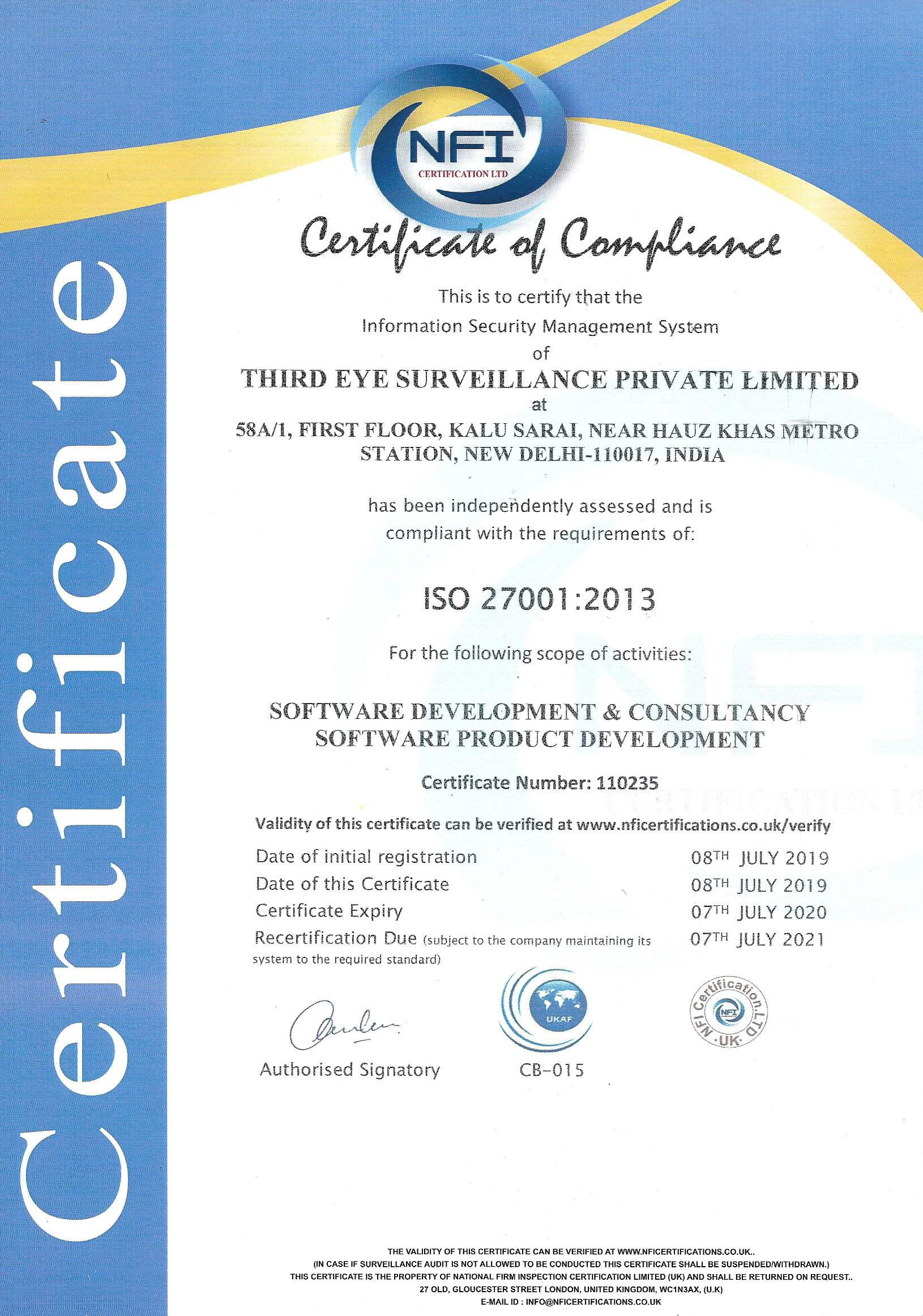 Third Eye Surveillance Pvt Ltd ISO 27001 Certificate